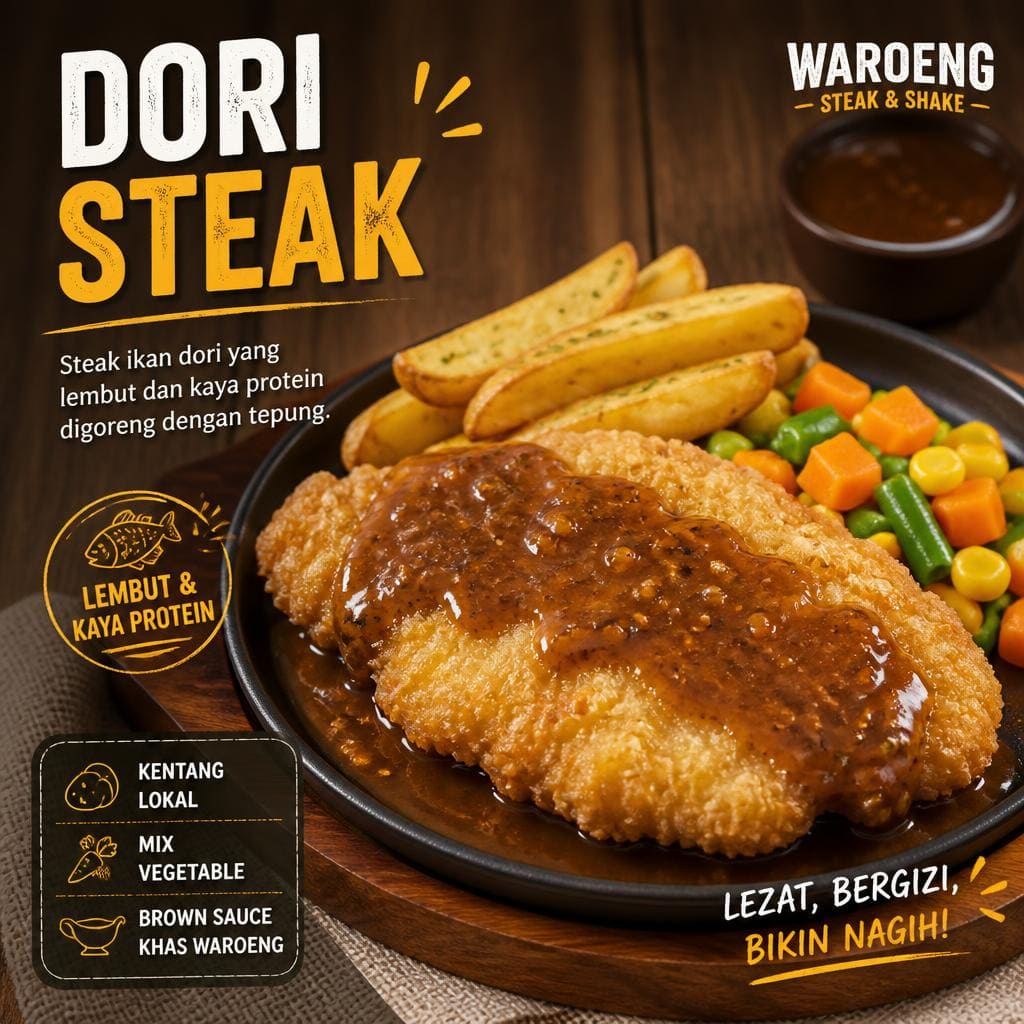 Dori Steak dengan ikan dori lembut, kentang lokal, dan sayuran